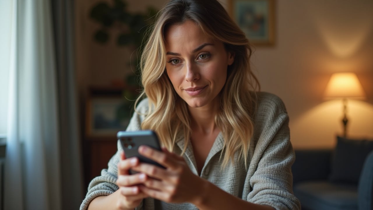 Una mujer se muestra preocupada al ver una alerta de seguridad en su aplicación bancaria antes de una transferencia.